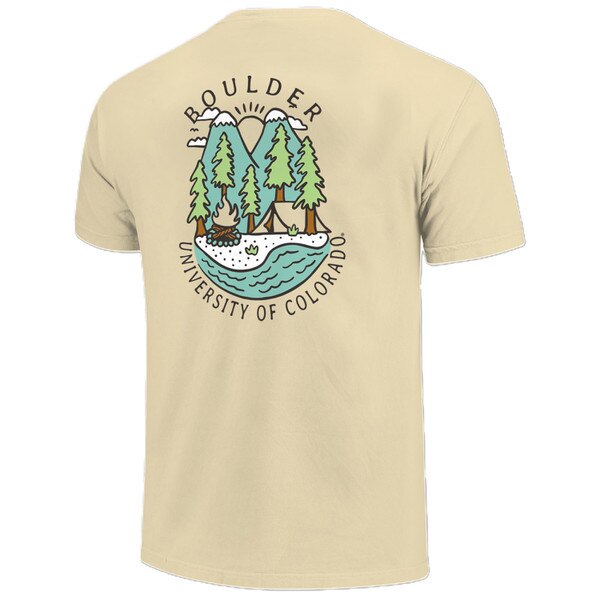Light yellow short-sleeve T-shirt featuring a colorful outdoor camping scene with mountains, trees, a campfire, and 'Boulder University of Colorado' text on the back.